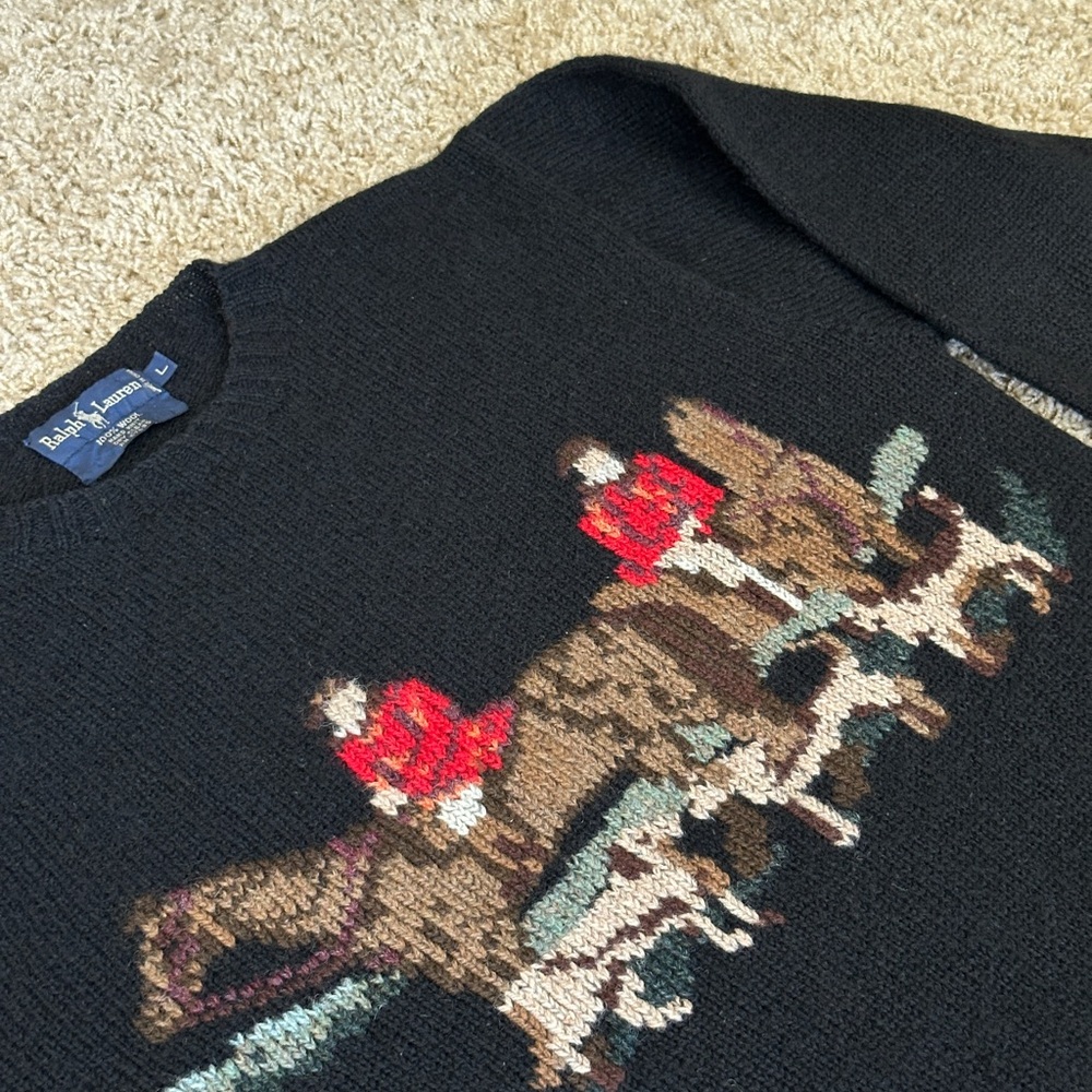 RARE - RALPH LAUREN Vtg Equestrian Horse English Hunt Wool Hand Knit Sweater L - Picture 12 of 15